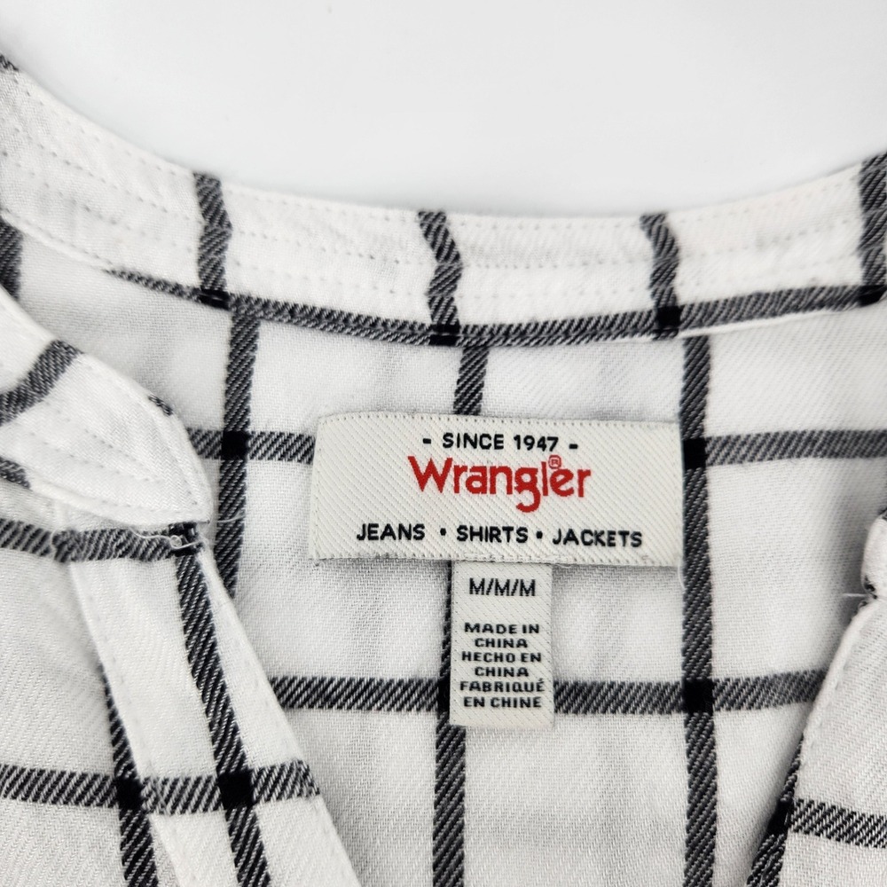 Wrangler Women's White Black Plaid Peasant Top Blouse 3/4‎ Sleeve Medium - Picture 3 of 6